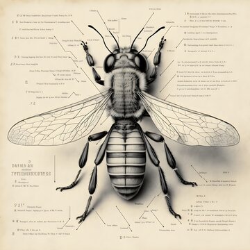 bee anatomy encyclopedia hight detail drawing top down black and white parchment 
