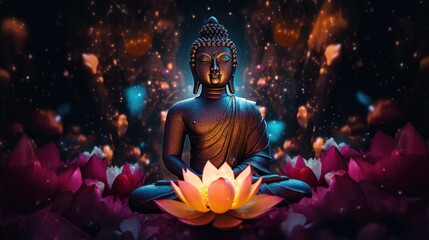 Thai Yai Buddha, Maravichai posture, black body, sitting in the middle of large multi-colored lotus flowers. At night there are lights from the sky and stars. 3D image - obrazy, fototapety, plakaty