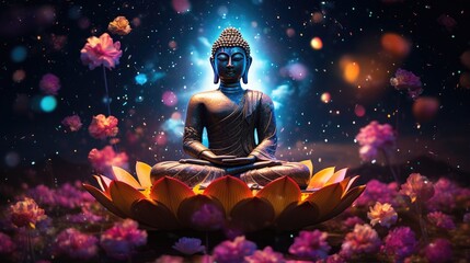 Thai Yai Buddha, Maravichai posture, black body, sitting in the middle of large multi-colored lotus flowers. At night there are lights from the sky and stars. 3D image