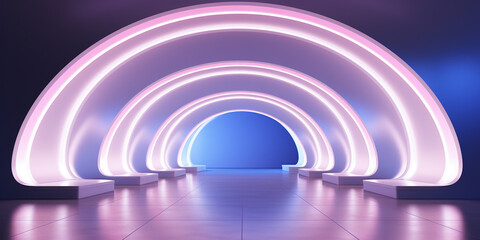 Abstract white futuristic geometric tunnel with neon lights 3d rendering