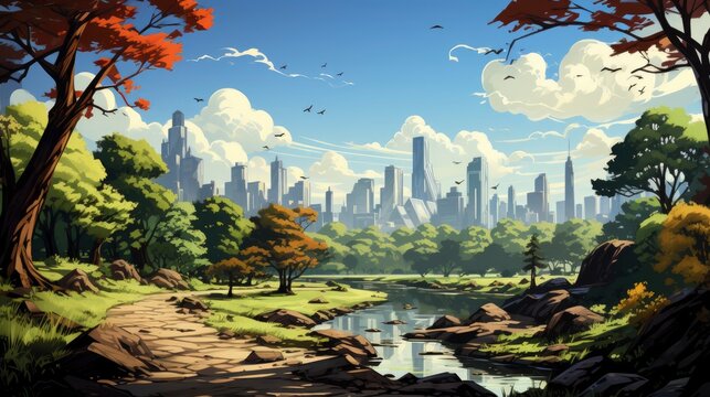 Central Park  cartoon vector Flat color 2D ,Desktop Wallpaper Backgrounds, Background HD For Designer