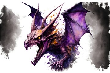chaotic monster with a lot of mouths and teeth purple bat wings many wings dark realistic watercolor 