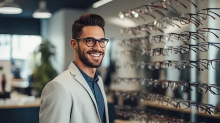 Deurstickers Healthcare, Eyesight And Vision Concept. Happy man choosing glasses at optics store, selective focus. © PaulShlykov