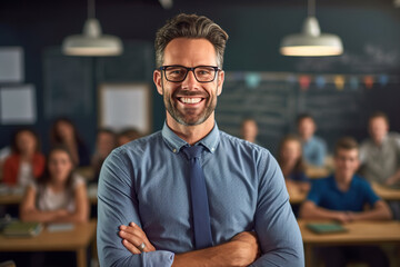 Modern teacher with beard standing in front of students in classroom, teaching and education concept