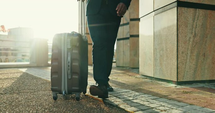 Suitcase, business travel and feet of man in city with walking and luggage for international work commute. Transportation, employee and businessman ready for airport journey and job trip with shoes