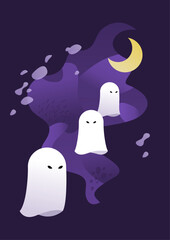Vector illustration of ghosts and crescent moon.
