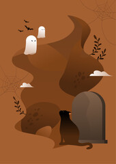 Vector illustration of a black cat and ghosts in front of a tombstone.