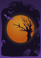 Black tree silhouette in an orange moon and bats.