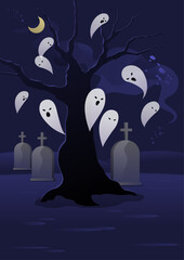 Ghosts flying through a cemetery with a black tree.