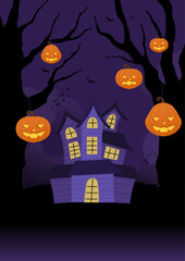 Illustration of jack o'lanterns hanging on a black tree and a purple scary house.