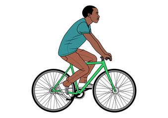 A black-skinned man is riding a bicycle from the side vector cartoon illustration