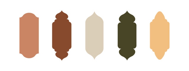 Islamic windows in oriental style. Set of arabic arches and doors in boho colors. Silhouette of mosque. Minimalistic vector illustration.