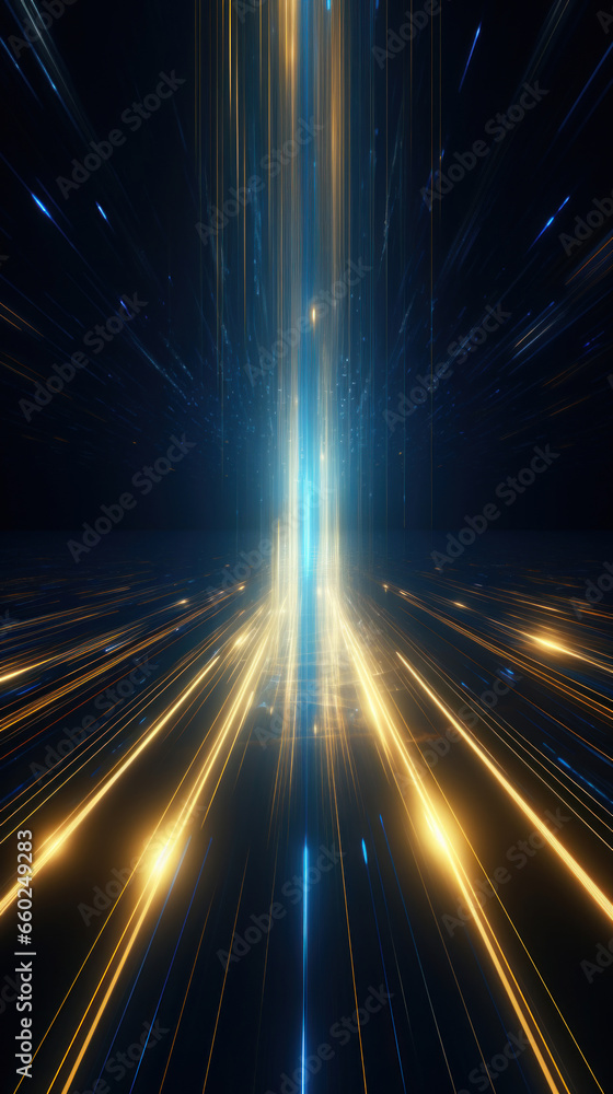 Poster abstract background with gold and blue glowing neon moving high speed line and wave and bokeh lights