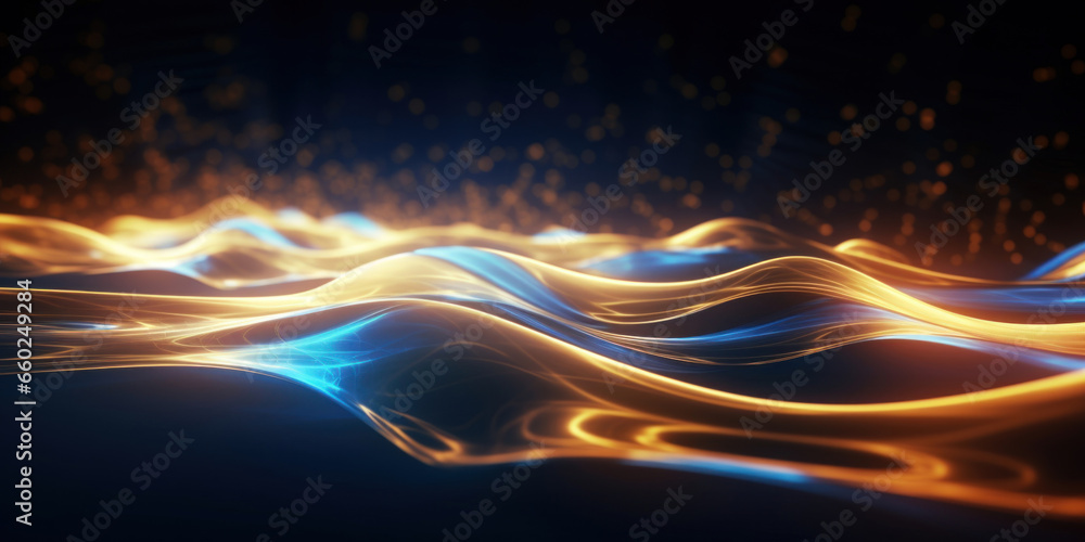 Poster abstract background with gold and blue glowing neon moving high speed line and wave and bokeh lights
