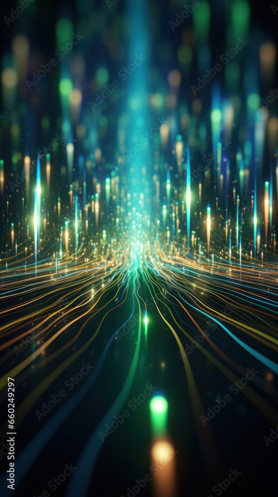 Poster abstract background with gold, green, blue glowing neon moving high speed line and wave and bokeh li