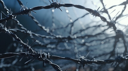Barbed prison wire on dark blue background