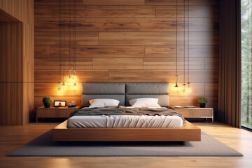 Dark wooden wall loft bedroom with a wooden floor and brown wooden walls, a king-size bed 