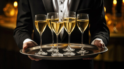 The waiter carries a tray of champagne glasses.