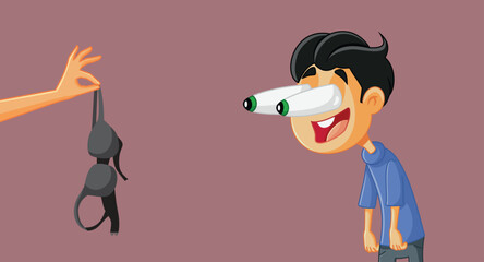 Girlfriend Holding a Bra Flirting with her Boyfriend Vector Illustration. Young Man Having a Love Affair Vector Cartoon Illustration
