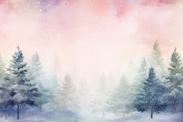 Fototapeta na wymiar Watercolor christmas tree with snowflakes soft pastel colors background. Winter forest. Winter landscape. Christmas background. 