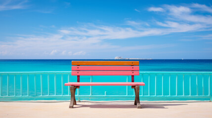 Obraz premium bench on the beach, colorful beach bench overlooking the turquoise sea, vibrant, coastal, Ai Generate 