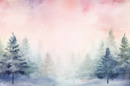 Watercolor christmas tree with snowflakes soft pastel colors background. Winter forest. Winter landscape. Christmas background.
