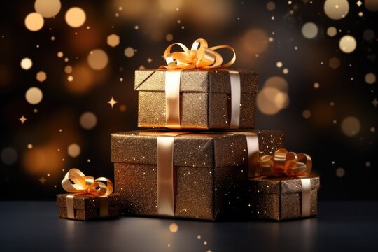 Black Friday Super Sale. golden gift boxes on the black background