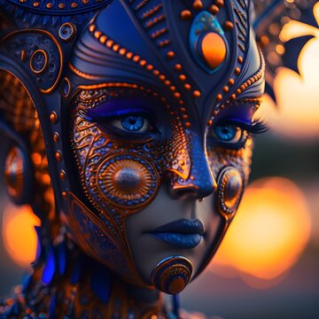 full face frontal view close up of a beautiful cyborg with skin made entirely from fire orange 304 stainless steel with a navy blue peacock handpainted pattern factory in the background sunset vivid 