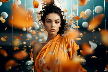 Portrait of a Beautiful Women with Flower Peddles Falling, Orange Accent - obrazy, fototapety, plakaty