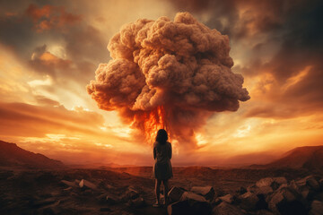 Little Girl Looking at Nuclear Mushroom Cloud, Nuclear Apocalypse