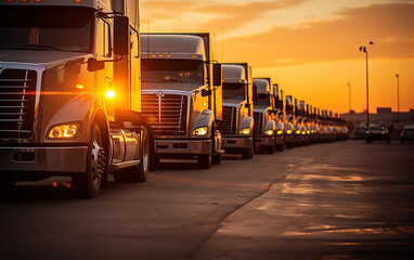 parked trucks, silhouetted against the backdrop of a radiant sunrise