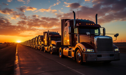 parked trucks, silhouetted against the backdrop of a radiant sunrise - obrazy, fototapety, plakaty