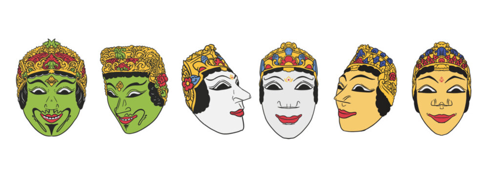 Indonesia traditional mask illustration. Java traditional illustration. Set of Indonesia traditional mask illustration
