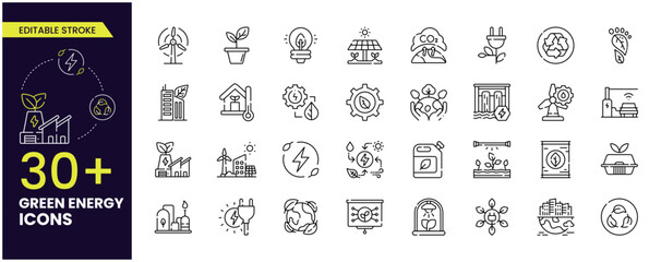 Green Energy/City Stroke Editable Icons Vector illustration in the modern thin line style of eco-related: CO2 neutral, zero waste, use car, green energy, air and water quality. Stroke icon Collection