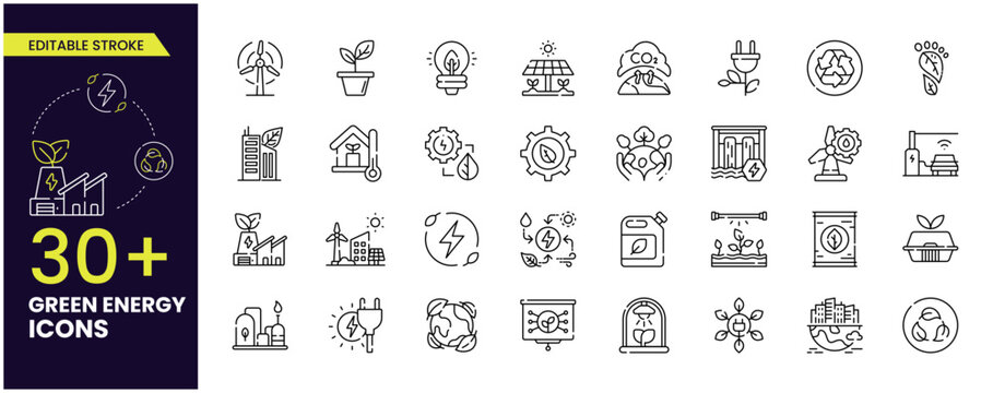 Green Energy/City Stroke Editable Icons Vector Illustration In The Modern Thin Line Style Of Eco-related: CO2 Neutral, Zero Waste, Use Car, Green Energy, Air And Water Quality. Stroke Icon Collection