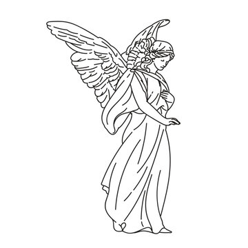 Angel statue outline line art Illustration. Sculptures with wings. Antique statue with horn. Statues of angels, cupid, cherub. Hand drawn modern Vector illustration.