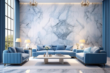 Interior luxury modern style, with sofa and blue and white marble wall 