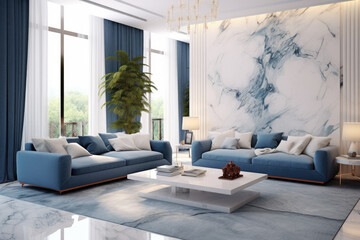Interior luxury modern style living room, with sofa and blue and white wall, marble floor and window