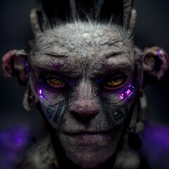 Badass Troll with grey purple skin and short whiskers dripping slim sythncore background cryptopunk Teeth big biopunk eyes unreal engine 5 octane render hyper realistic post processing 
