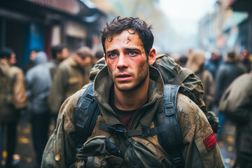 Fototapeta premium A soldier grieving on the battlefield Generative AI