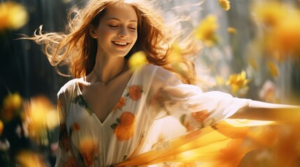 Softly smiling Dancer in motion, Vivid color, Incredibly detailed joyful emotion shot on kodak portra 800, floral.