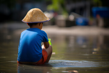 Chinese boy sitting near the river, AI generated