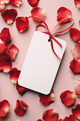 Modern blank valentine gift tag mockup with red rose leaves petals