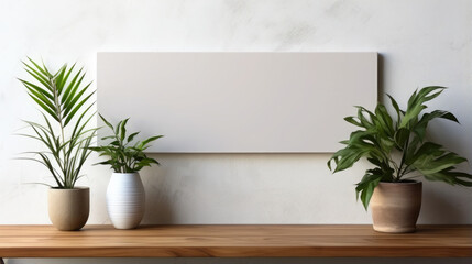 decorative white blank panel hanging on the wall, painting, canvas, mockup, space for text or image, flowers in a vase, home decor, modern interior, potted plants, stylish apartment design