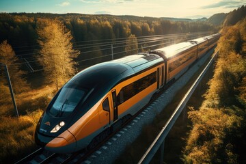 High speed train in motion on high speed railway. The train rushes among green landscapes, from above