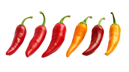 Set of six Fresh multicolor chili peppers on a transparent white background