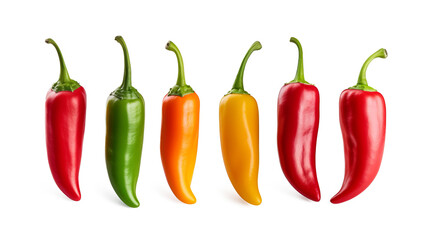 Set of six Fresh multicolor chili peppers on a transparent white background - obrazy, fototapety, plakaty