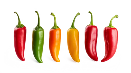 Fotobehang Set of six Fresh multicolor chili peppers on a transparent white background © ND STOCK