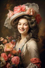 Nostalgia for old Paris: Acryl photo effect of young French woman with flowers, 18th century