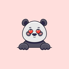 Cute panda in love with heart eyes in cartoon style. Vector illustration